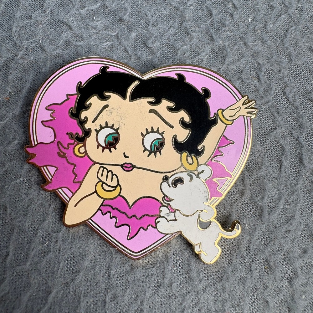 Betty Boop Heart Enamel Pin Brooch with Pudgy Dog 2011 KFS Licensed Gold Tone